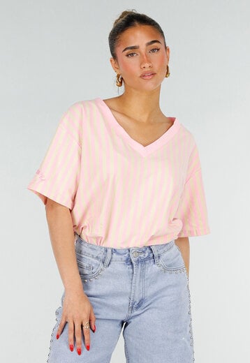Roze Geel Gestreept Katoenen T-shirt