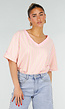 Roze Geel Gestreept Katoenen T-shirt met V-hals en Korte Mouwen