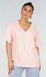 Roze Geel Gestreept Katoenen T-shirt met V-hals en Korte Mouwen