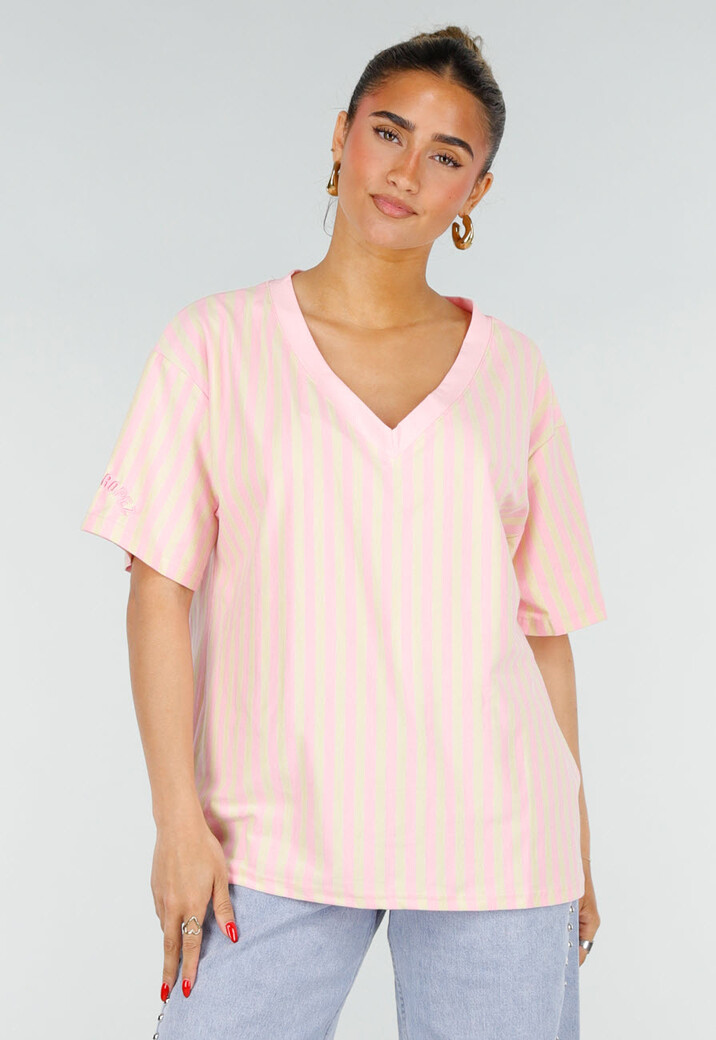 Roze Geel Gestreept Katoenen T-shirt met V-hals en Korte Mouwen