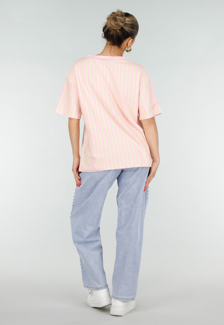 Roze Geel Gestreept Katoenen T-shirt met V-hals en Korte Mouwen