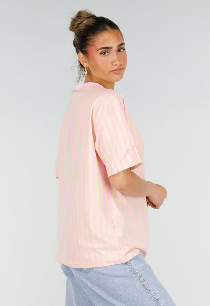 Roze Geel Gestreept Katoenen T-shirt met V-hals en Korte Mouwen