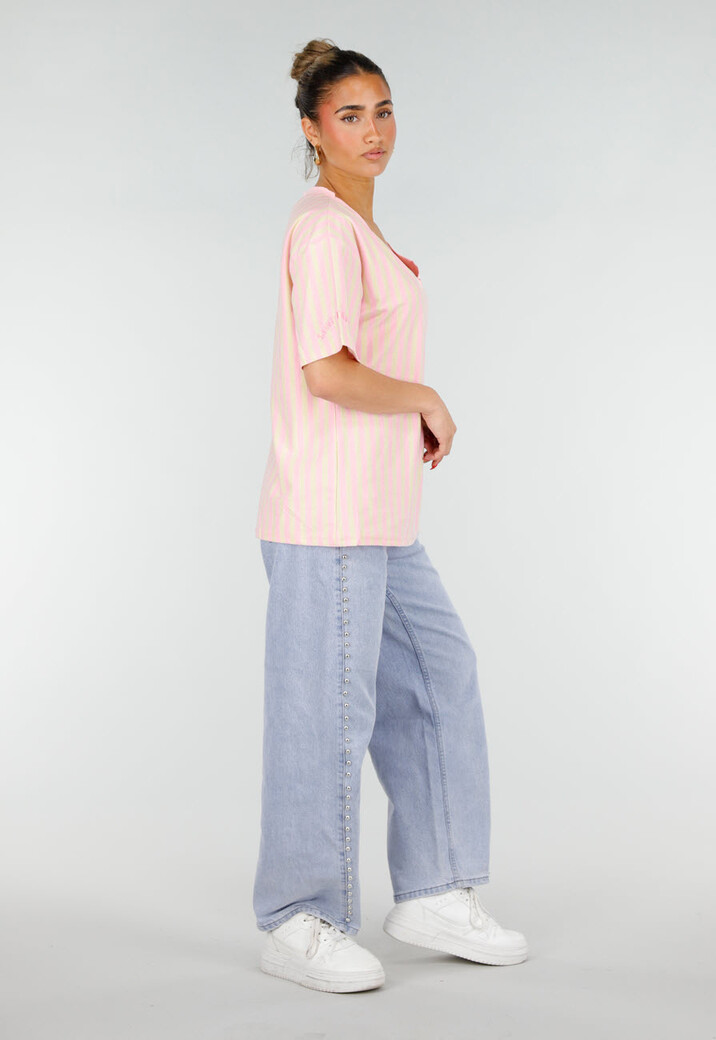 Roze Geel Gestreept Katoenen T-shirt met V-hals en Korte Mouwen