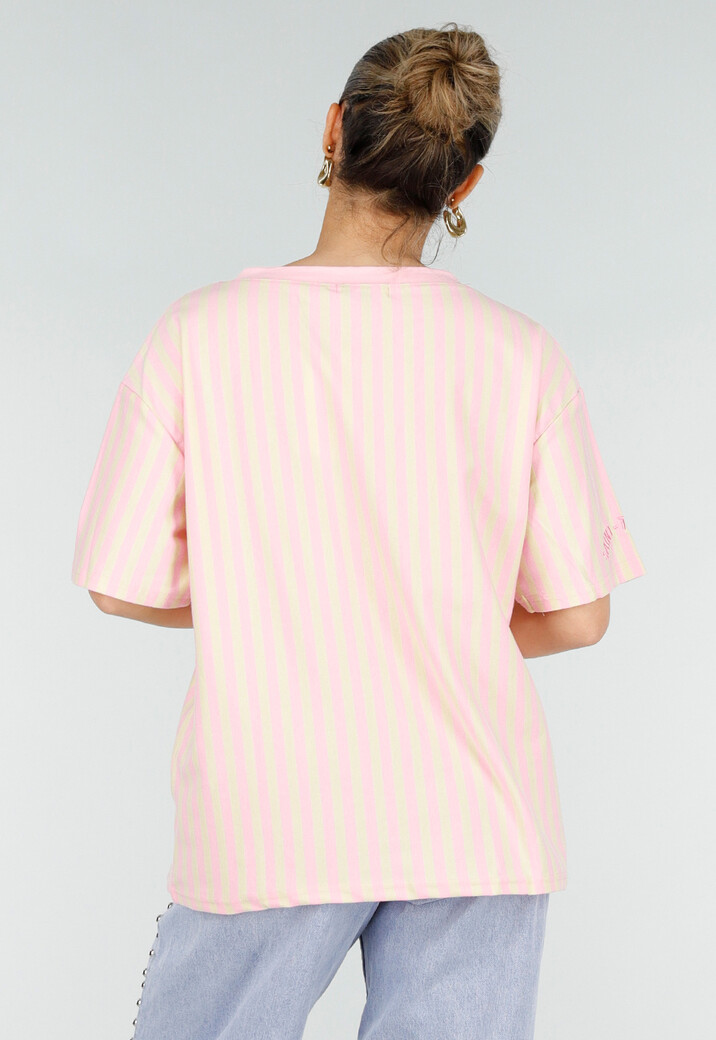 Roze Geel Gestreept Katoenen T-shirt met V-hals en Korte Mouwen
