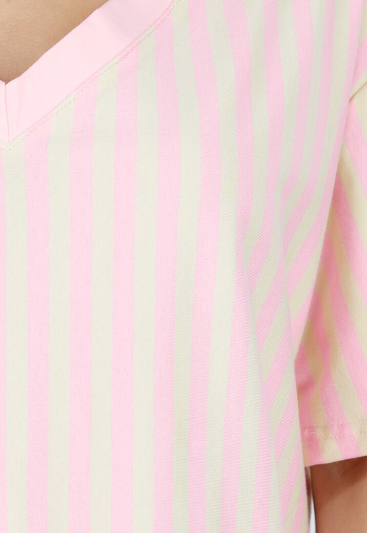 Roze Geel Gestreept Katoenen T-shirt met V-hals en Korte Mouwen