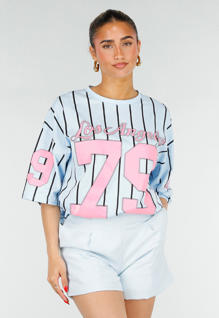 Oversized Lichtblauw Jersey Shirt met Roze Print en Strepen