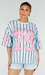 Oversized Lichtblauw Jersey Shirt met Roze Print en Strepen