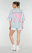 Oversized Lichtblauw Jersey Shirt met Roze Print en Strepen