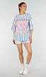 Oversized Lichtblauw Jersey Shirt met Roze Print en Strepen