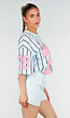 Oversized Lichtblauw Jersey Shirt met Roze Print en Strepen