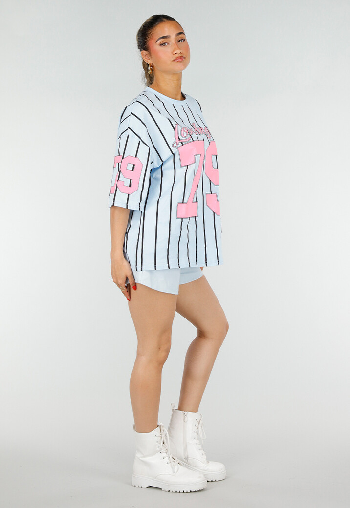 Oversized Lichtblauw Jersey Shirt met Roze Print en Strepen