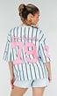 Oversized Lichtblauw Jersey Shirt met Roze Print en Strepen