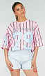 Roze Oversized Jersey Shirt met Blauwe Print en Strepen