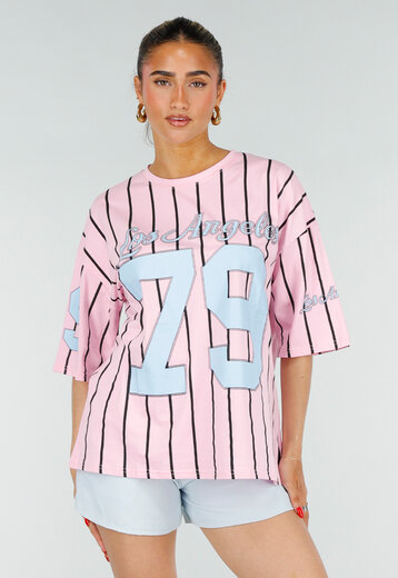 Roze Jersey Shirt met Strepen en Print