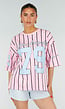 Roze Oversized Jersey Shirt met Blauwe Print en Strepen