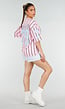 Roze Oversized Jersey Shirt met Blauwe Print en Strepen