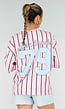 Roze Oversized Jersey Shirt met Blauwe Print en Strepen