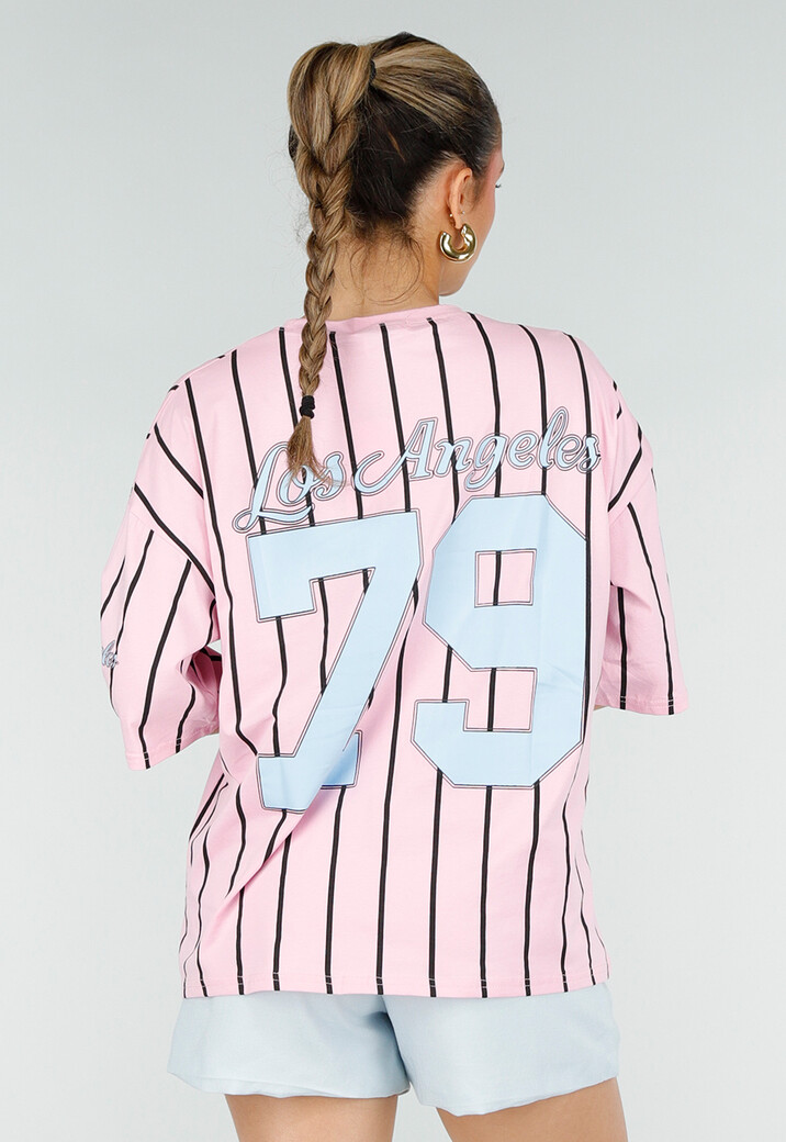 Roze Oversized Jersey Shirt met Blauwe Print en Strepen
