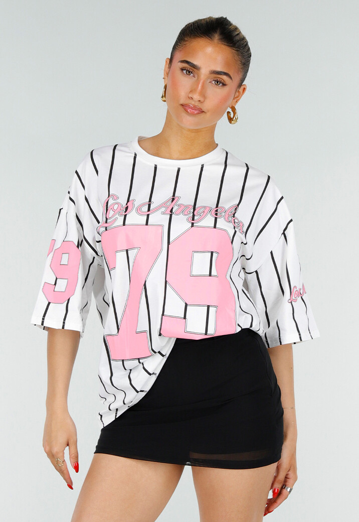 Wit Oversized Baseball T-Shirt met Roze Cijferprint en Strepen