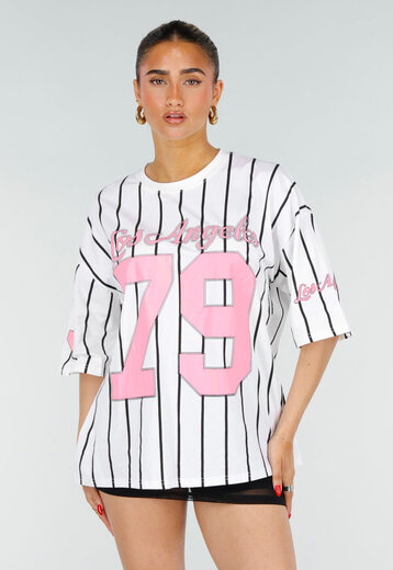 Wit Baseball T-Shirt met Roze Print