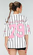 Wit Oversized Baseball T-Shirt met Roze Cijferprint en Strepen