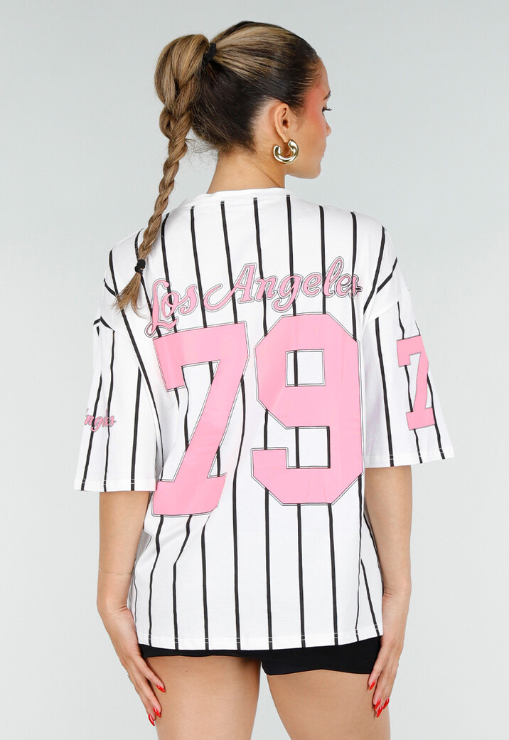 Wit Oversized Baseball T-Shirt met Roze Cijferprint en Strepen