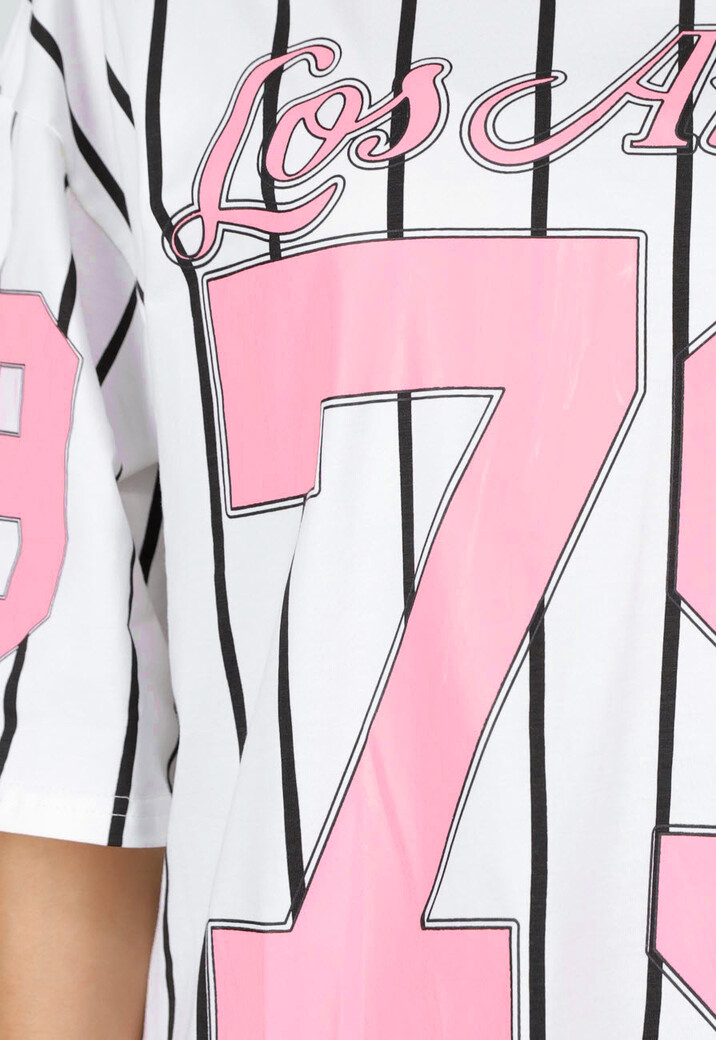 Wit Oversized Baseball T-Shirt met Roze Cijferprint en Strepen