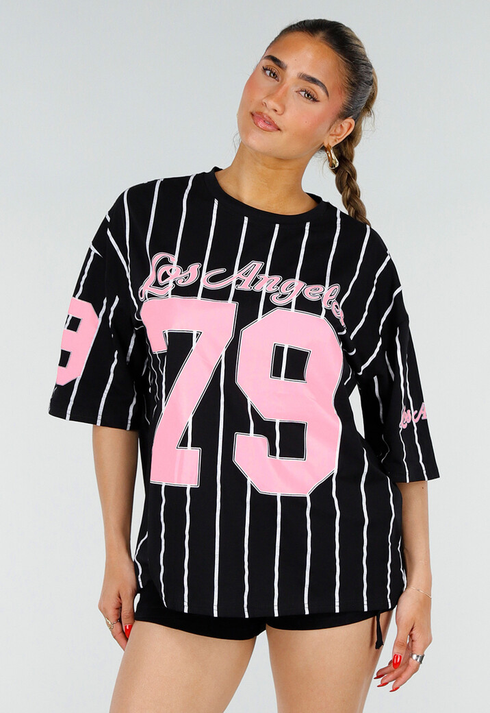 Oversized Zwart Jersey Shirt met Roze Print en Strepen