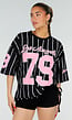 Oversized Zwart Jersey Shirt met Roze Print en Strepen