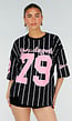 Oversized Zwart Jersey Shirt met Roze Print en Strepen