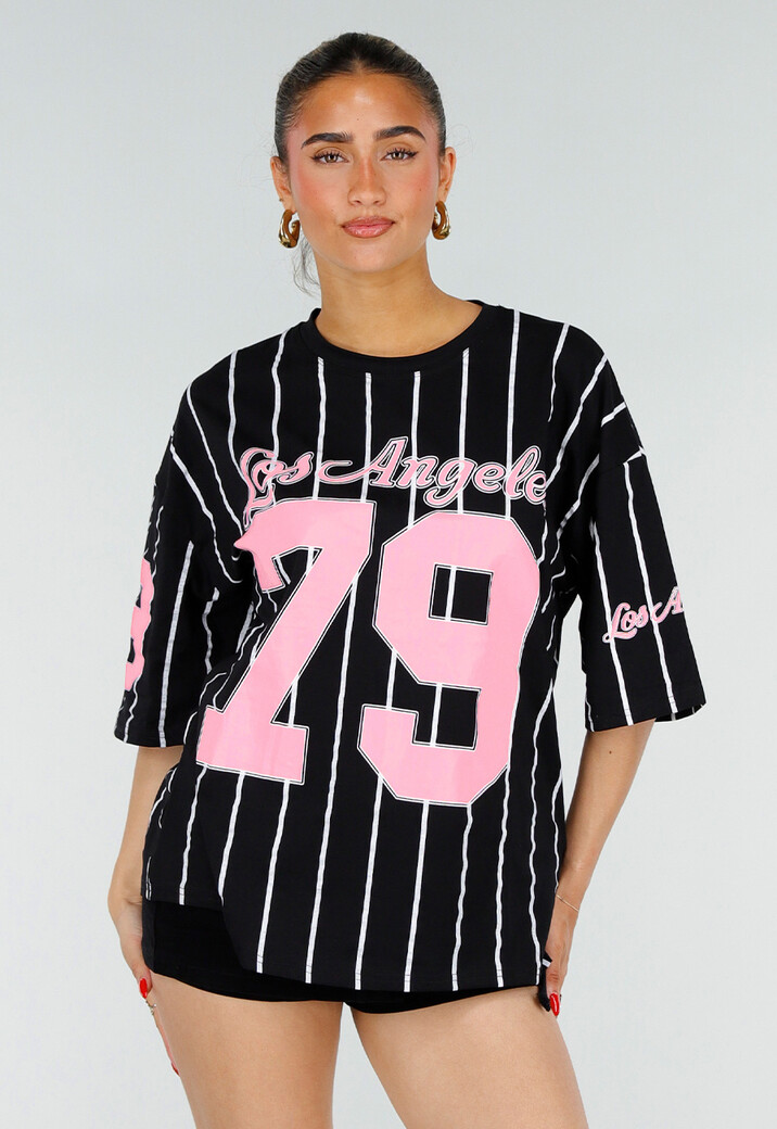 Oversized Zwart Jersey Shirt met Roze Print en Strepen