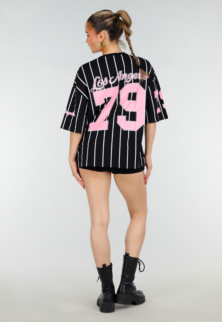 Oversized Zwart Jersey Shirt met Roze Print en Strepen