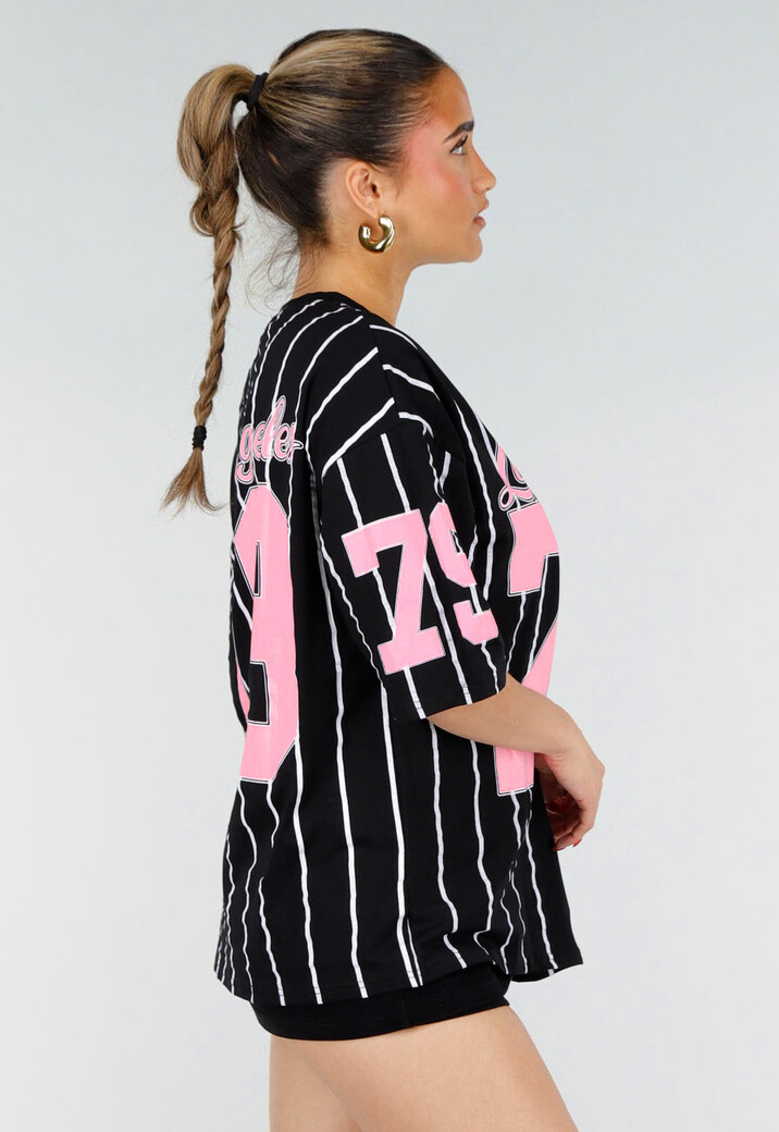 Oversized Zwart Jersey Shirt met Roze Print en Strepen