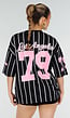 Oversized Zwart Jersey Shirt met Roze Print en Strepen