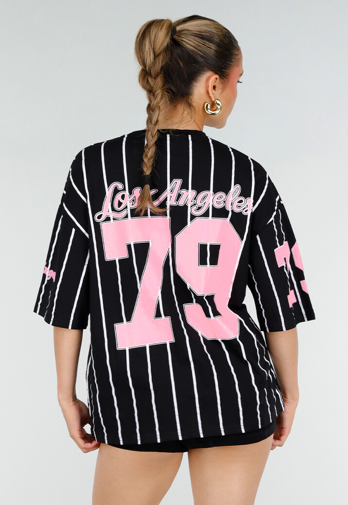Oversized Zwart Jersey Shirt met Roze Print en Strepen
