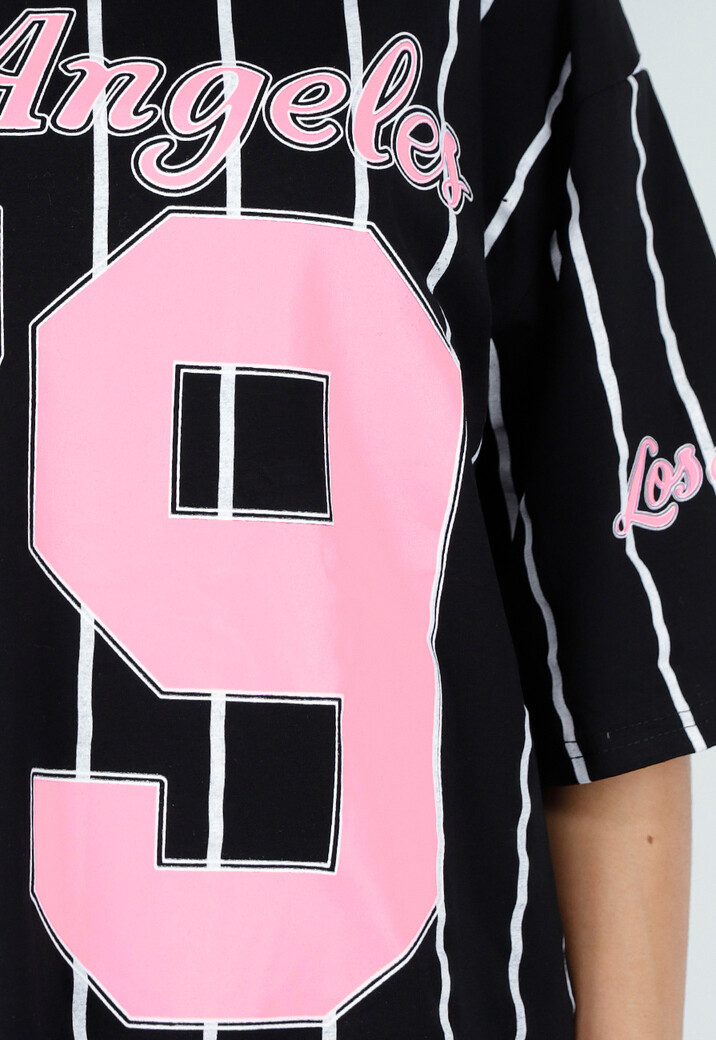 Oversized Zwart Jersey Shirt met Roze Print en Strepen