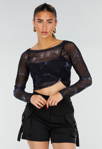 Zwarte Mesh Top met Print en Pads
