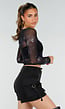 Zwarte Mesh Top met Lange Mouwen en Abstracte Print