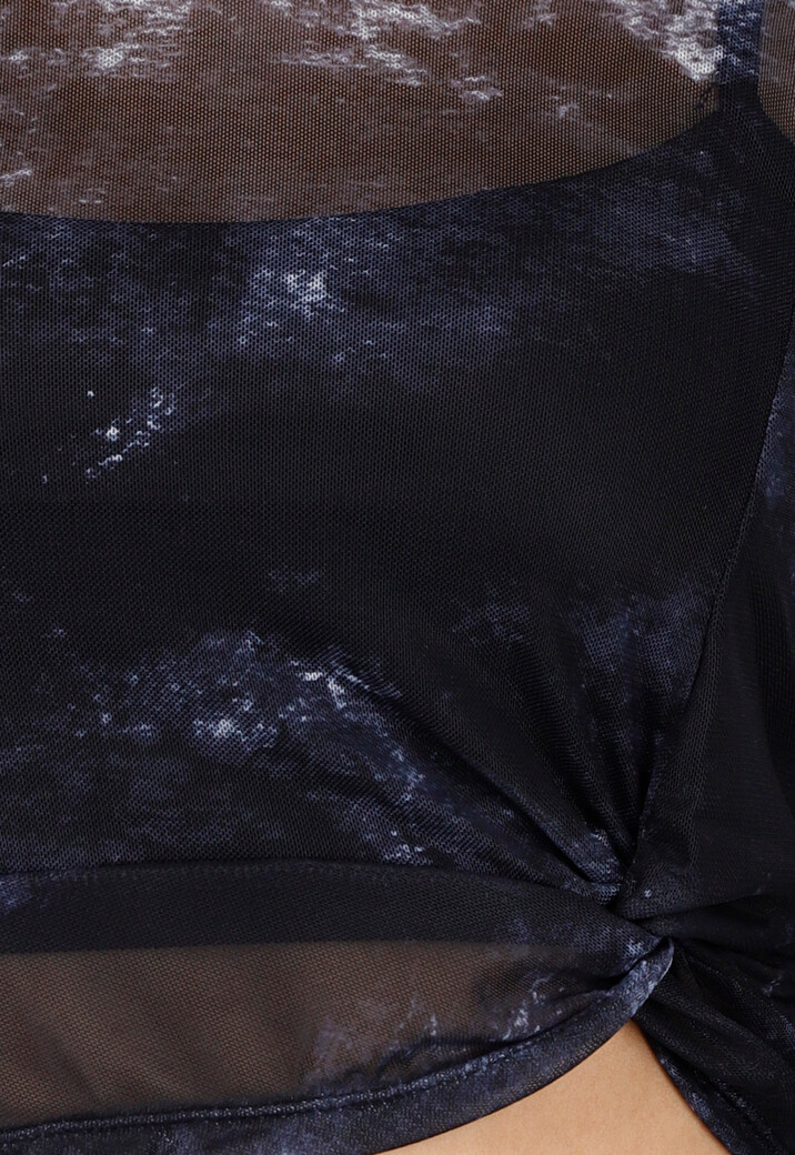 Zwarte Mesh Top met Lange Mouwen en Abstracte Print
