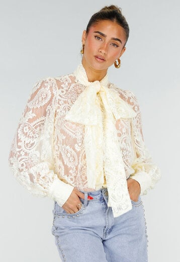 Lichtgele Kanten Blouse met Strikkraag