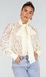 Lichtgele Transparante Kanten Blouse met Strikkraag en Lange Mouwen