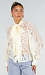 Lichtgele Transparante Kanten Blouse met Strikkraag en Lange Mouwen