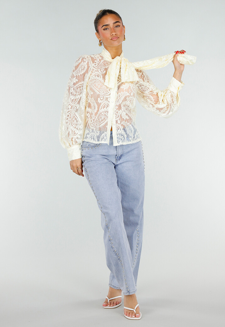 Lichtgele Transparante Kanten Blouse met Strikkraag en Lange Mouwen