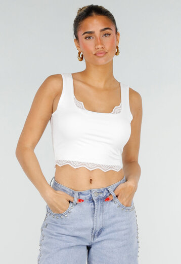 Witte Cropped Top met Kanten Rand