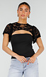 Zwarte Top met Kant Details en Korte Mouwen