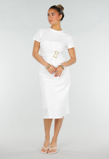 Witte Midi Jurk met Gouden Detail