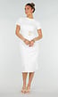 Witte Stretch Midi Jurk met Gouden Taille Detail