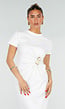 Witte Stretch Midi Jurk met Gouden Taille Detail