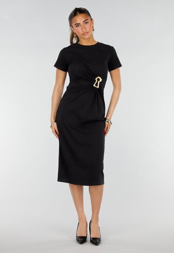 Zwarte Midi Jurk met Gouden Detail