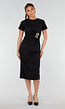 Zwarte Stretch Midi Jurk met Gouden Taille Detail